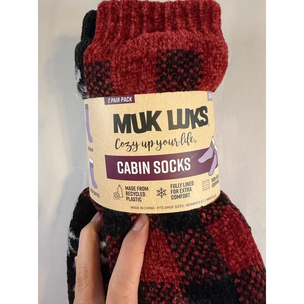 Muk Luks Cabin Socks 2 Pack Red Buffalo Plaid Snowflake Faux Fur Lined S/M